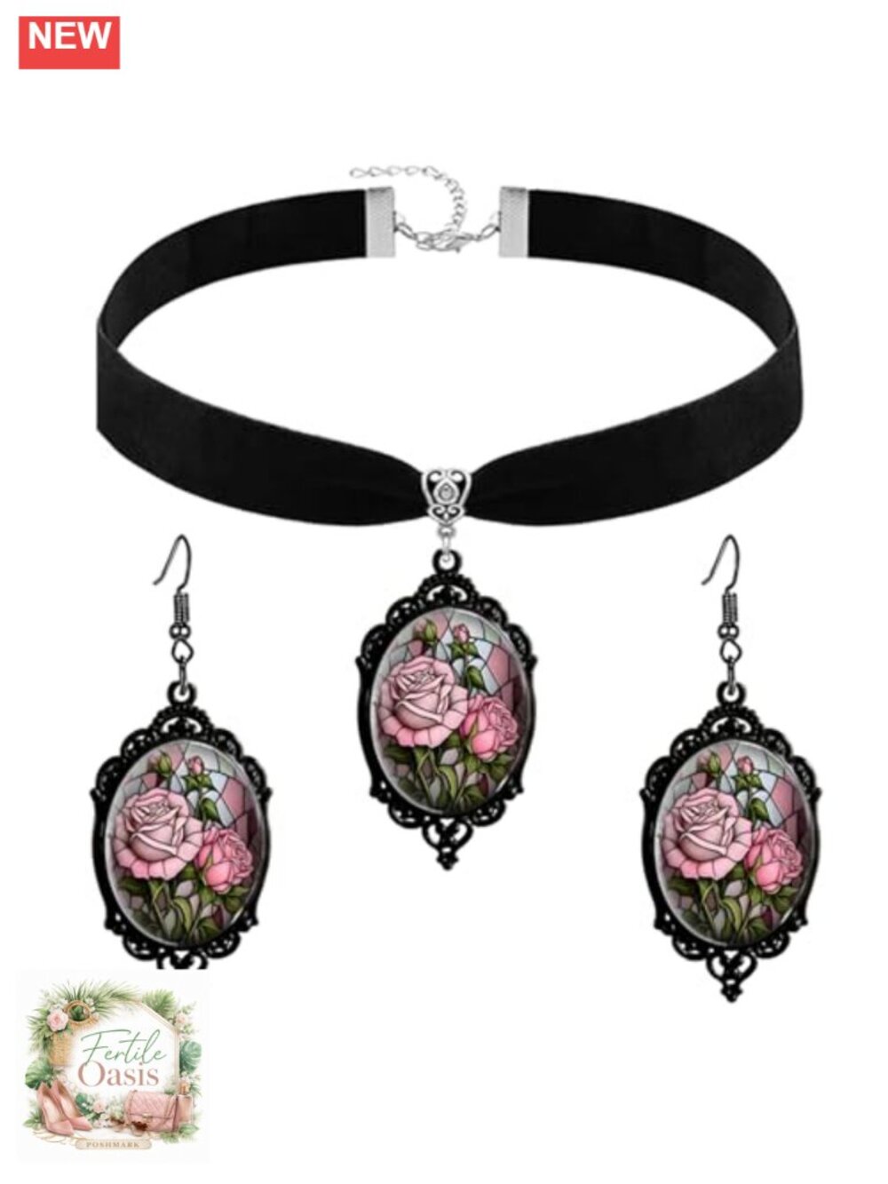 Gothic Rose Glass Cameo Jewelry Set Black Velvet Choker Necklace & Earrings